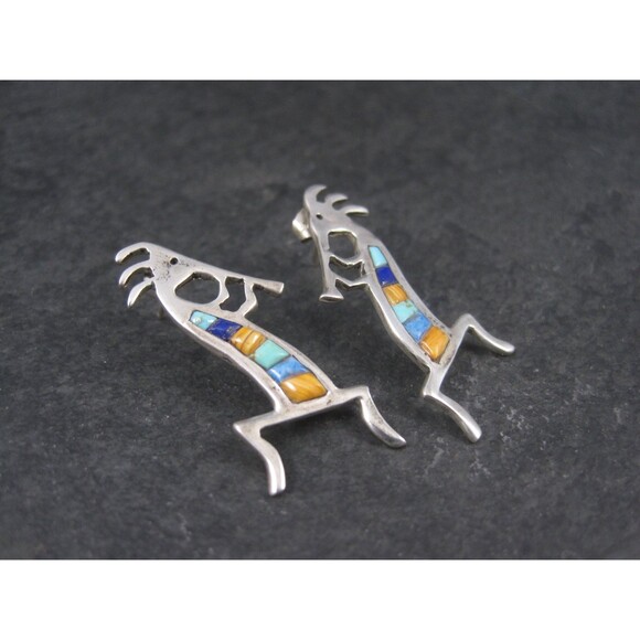 Vintage Southwestern Sterling Kokopelli Inlay Earrings - Picture 4 of 10